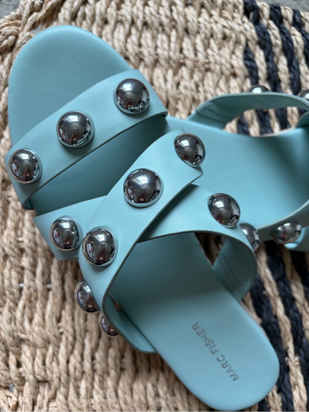 Marc Fisher Aqua Blue Studded Slide Sandals